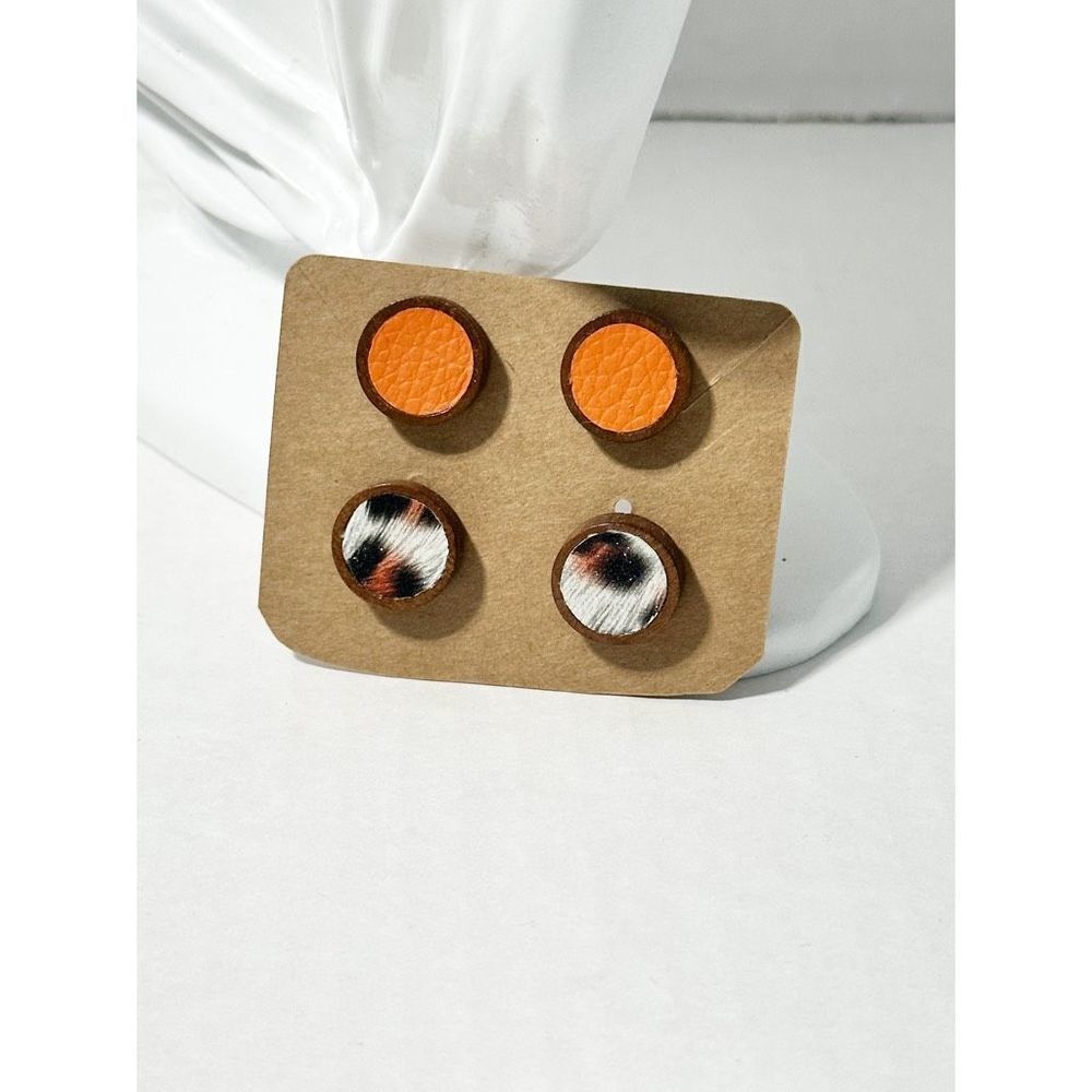 Animal Print‎ & Plain Wooden Vegan Leather Round Stud Earrings 2 Pairs Orange